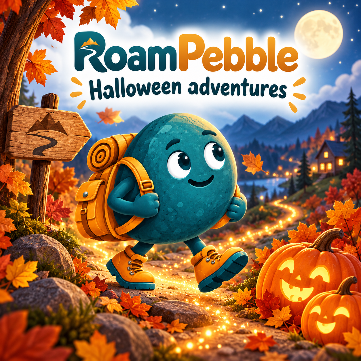 RoamPebble exploring a glowing autumn trail with cheerful Halloween pumpkins
